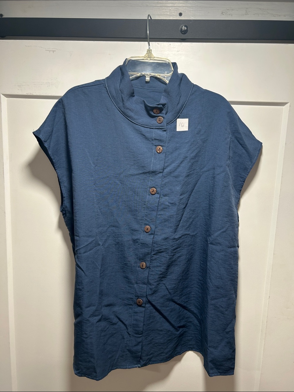 Women's Navy Cap-Sleeve Button-Down Shirt with Stand Collar